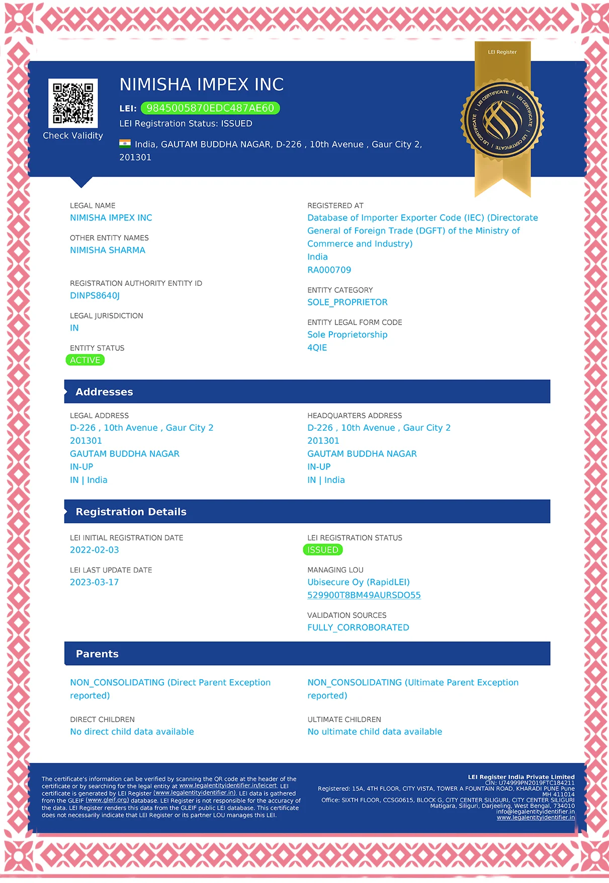 LEI Certificate