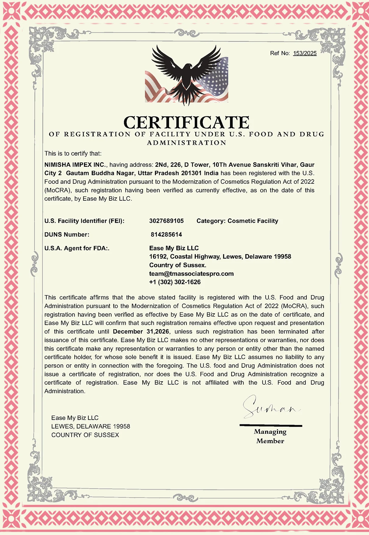 US FDA Certificate MoCRA
