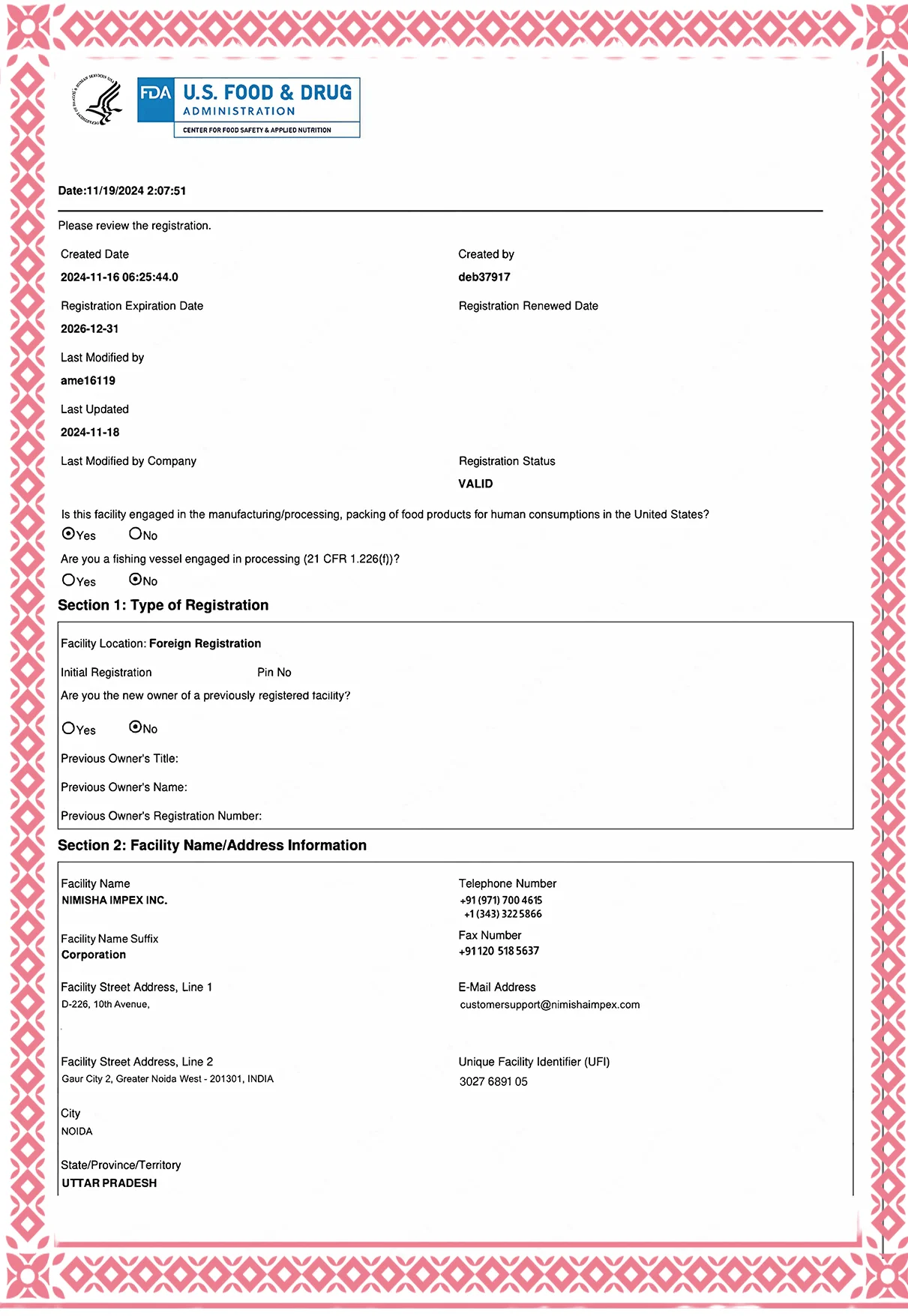 US FDA Certificate Page 1